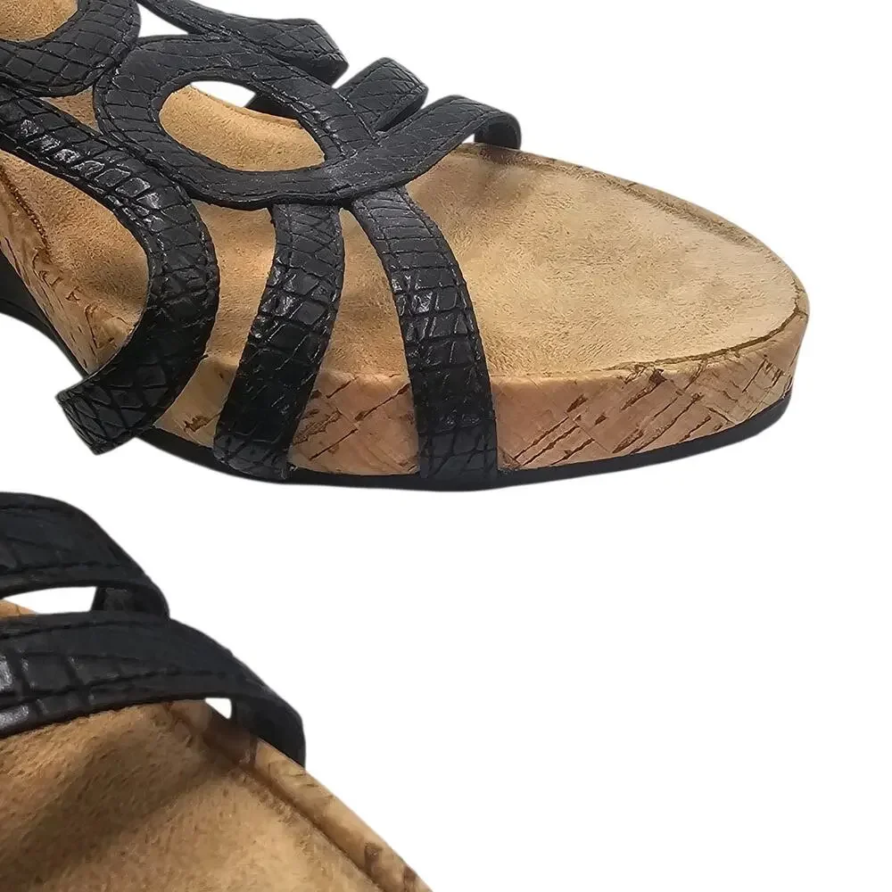 Kelly & Katie Black Plushin Strappy Cork Preppy Comfort Wedge Sandal